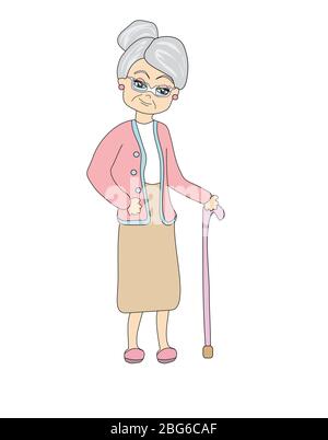 Alte Frau mit Stock, Doodle isoliert Illustration Stock Vektor
