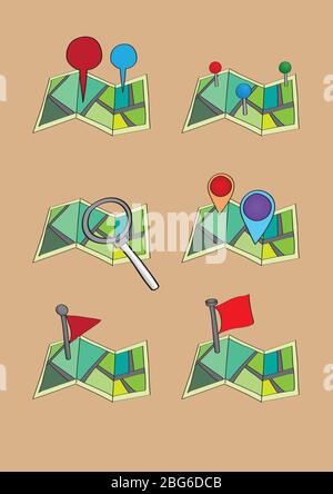 Dreifache Straßenkarte-Symbole mit Kartenstiften, Markierungen und anderen konzeptionellen Symbolen. Satz von sechs Vektor-Illustration isoliert auf orangefarbenem Hintergrund Stock Vektor