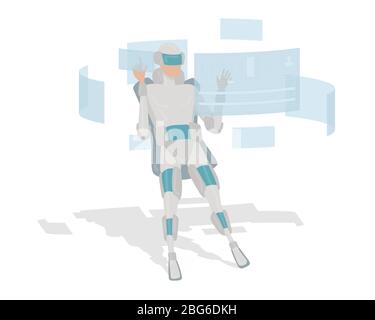 VR Virtual Reality. Arbeitsplatz mit einem Computer der Zukunft. Ein Mann, der im Hologramm arbeitet. Vektorgrafik. Flaches Design, keine Transparenz, einfach edi Stock Vektor