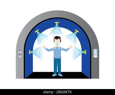 Desinfizieren Sie den Tunnel für Desinfektionsmittel und schützen Sie die Menschen vor dem Covid-19 Coronavirus. Tunnel sprüht Antibiotika auf den menschlichen Körper, um Keime und Viren abzutöten. Stock Vektor