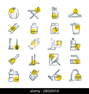 Symbole für die Wäschereidienste und die Waschanlage werden gesetzt. Maschinenausstattung und Bügeleisen. Vektorgrafik Stock Vektor