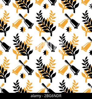 Vintage Student Absolvent nahtlose Muster-Design. Schwarze und goldene Glocken und Zweige Textur. Vektorgrafik Stock Vektor