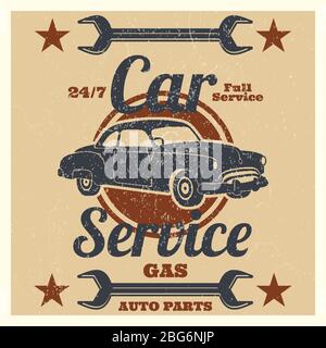 Oldtimer Service Logo - Auto Reparatur Grunge Zeichen. Vektorgrafik Stock Vektor