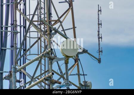 Zelluläre Mikrowelle Drahtlose Richtantenne der Funkrelais-Verbindung, die für die mobile Telekommunikation verwendet wird Stockfoto