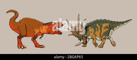 Dinosaurier kämpfen. Styracosaurus gegen Tyrannosaurus Rex. Dino-Illustration. Stockfoto