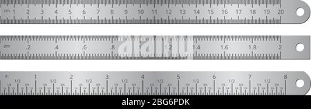 Metallische Schullineale mit Zoll und Zentimeter Messskala Vektor-Illustration isoliert auf weißem Hintergrund. Lineal Zentimeter, Millimeter, instru Stock Vektor