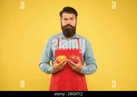 Lassen Sie Ketchup kochen. Bärtiger Koch mit Tomate. Gesunde Küche. Ernährung mit biologischem Essen. Vorteile für die Gesundheit von Tomaten. Nahrungsquelle für Vitamine. Brutaler Koch in der Schürze. Tipps zum Verzehr von Gemüse. Stockfoto