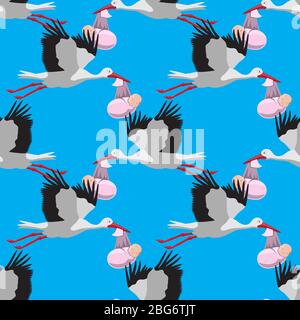 Nahtloses Muster eines Storches, der ein Baby auf blauem Hintergrund trägt. Vektorbild Stock Vektor
