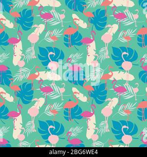 Leuchtend farbige tropische Sommer nahtlose Muster mit Flamingo und Pflanzen. Vektorgrafik Stock Vektor