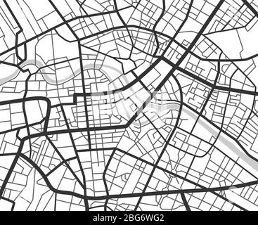 Abstrakte Stadtnavigationsplan mit Linien und Straßen. Vektor schwarz-weiß Stadtplanung Schema. Abbildung des Plans Straßenkarte, Straßengrafik navig Stock Vektor