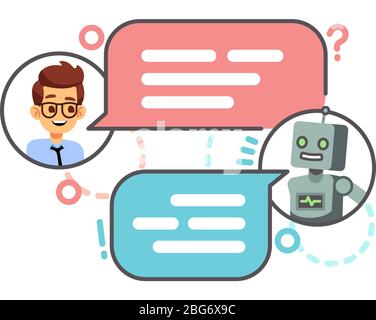 Menschliche Unterhaltung mit Roboter auf Smartphone. Chat mit bot, Chatbot Vektor-Konzept. Roboter-Chat und intelligente, Chat auf Handy-Illustration Stock Vektor