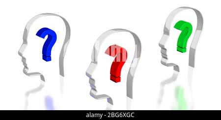 Kopfformen, Fragezeichen - 3D-Illustration Stockfoto
