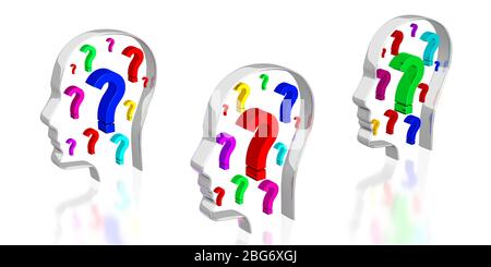 Kopfformen, Fragezeichen - 3D-Illustration Stockfoto