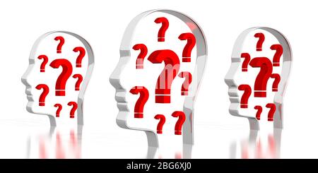 Kopfformen, Fragezeichen - 3D-Illustration Stockfoto