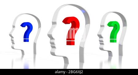 Kopfformen, Fragezeichen - 3D-Illustration Stockfoto