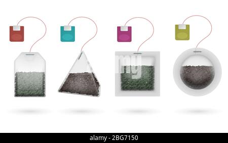 Teebeutel mit schwarzen und grünen Brautee isoliert Vektor. Teebag-Set mit Etikett, Illustration für Heißgetränk Stock Vektor