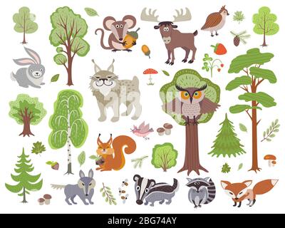 Große Menge wilder Waldtiere Vögel und Bäume. Cartoon Wald isoliert auf weißem Hintergrund. Wildes Waldtier, Vogel und Baum, lustiger Luchs und Nagetier. Stock Vektor