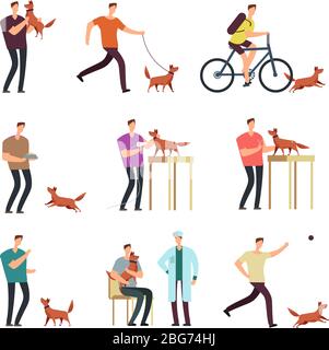 Glücklicher Mann mit Hund im Alltag. Menschen und nette schöne Haustiere Cartoon Vektor-Zeichen isoliert. Lifestyle-Aktivität Alltag Spaziergang mit Haustier illus Stock Vektor