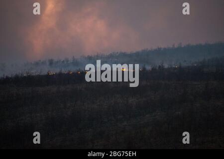 Kilpatrick Hills, Duntochter, Glasgow, Großbritannien. April 2020. Im Bild: Riesige Rauchwolken aus einem massiven Waldfeuer mit massiven Flammen auf den Kilpatrick-Hügeln in Glasgow. Quelle: Colin Fisher/Alamy Live News Stockfoto