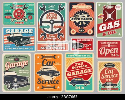 Vintage Straßenfahrzeug Reparatur-Service, Tankstelle, Garage Vektor-Zeichen. Garage Reparatur-Service, Werbeplakat und Schild Illustration Stock Vektor