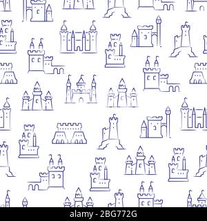 Mittelalterliche Burgen, Festung, Bastionen isoliert auf weißen nahtlosen Hintergrund Muster. Vektorgrafik Stock Vektor
