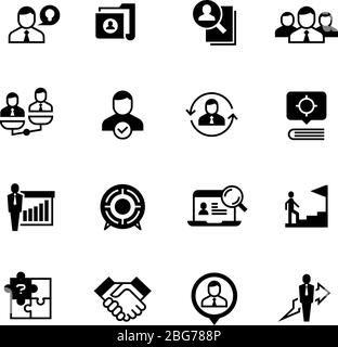 Symbole für Personalwesen und Personalverwaltung. Symbole für Bewerbungsgespräche, Mitarbeiterauswahl und Rekrutierung sind isoliert. Darstellung von Beruf und Mitarbeiter, Stock Vektor