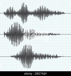 Frequenz Seismografen Wellen, Seismogramm, Erdbeben-Graphen. Seismische Wellenvektoren gesetzt. Abbildung des Schwingungs-Seismometer-Diagramms, Wellenformaufzeichnung Stock Vektor