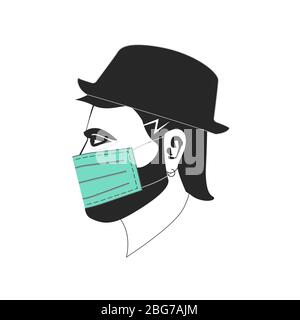 Mann s Gesicht als Illustration mit Virenschutzmaske und Hut Stock Vektor