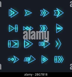 Neonpfeile mit Richtungsmarkierung Zeiger, Orientierungspunktemit Leuchtkraft-Effekt. Futuristische hud Interface Vektorelemente. Farbe Strom hell il Stock Vektor