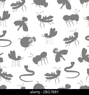 Insekt graue Silhouetten auf weißem nahtlosen Hintergrund Muster Design. Vektorgrafik Stock Vektor
