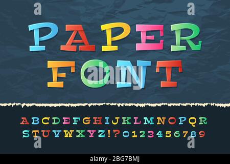 Farbiges Papier Alphabet. Lustige Cartoon Urlaub Schriftart. Schule Kinder Vektor Buchstaben und Zahlen. Illustration von Papier abc und numeral klassischen Origami Stock Vektor