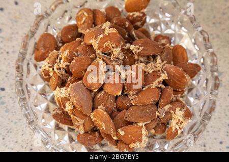 Nahaufnahme von Essensmehlmotten in einem Glas mit Mandeln Stockfoto