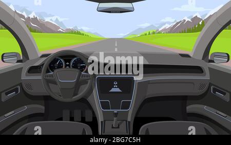 Fahrzeugsalon, Innenansicht des Autofahrers mit Ruder, Armaturenbrett und Straße, Landschaft in Windschutzscheibe. Vektorgrafik Fahrsimulator. Auto Blick steeri Stock Vektor