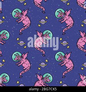 Niedlichen Astronauten Drachen Cartoon nahtlose Vektor-Muster. Handgezeichnete Raum Fantasy Fliese. All over Print für Planeten und Sterne Blog auf Galaxie Hintergrund Stock Vektor