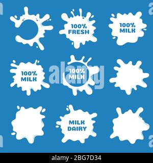 Weiße Milch, Joghurt und Sahne spritzen und vermischen Formen. Natürliche Milchprodukte Vektor-Etiketten isoliert. Abbildung des Produkts Joghurt Flüssigkeit, Blot-Etikett