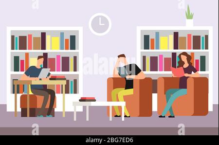 Studenten lesen und Bücher suchen in der öffentlichen Bibliothek Interieur mit Bücherregalen Cartoon Vektor Illustration. Menschen Literatur studieren, Bildung wi Stock Vektor