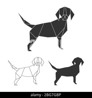 Vektor Origami Hund Set. Linie, Silhouette und polygonales Hundemlogo-Design isoliert auf weißer Illustration Stock Vektor