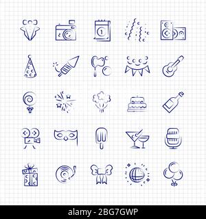 Geburtstag Party Feier Spaß Kugelschreiber Symbole gesetzt. Vektorgrafik Stock Vektor