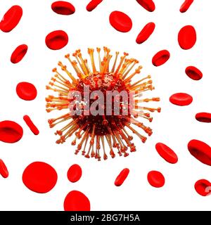 Rot mit orangenem Coronavirus Covid 19 und Blutkörperchen auf weißem Hintergrund. 3D-Rendering Stockfoto