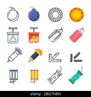 Dynamit, Feuerwerk, pyrotechnische Vektor-Icons farbig des Sets. Vektorgrafik Stock Vektor