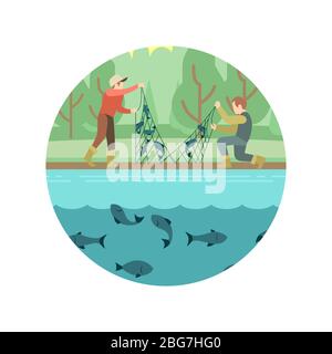 Angeln Männer mit Fisch und Ausrüstung Vektor-Emblem Symbol Illustration Stock Vektor