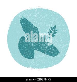Grunge Taube des Friedens Logo Design isoliert. Taube Silhouette mit Ast. Vektorgrafik Stock Vektor