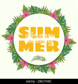 Sommer Banner ot Poster mit tropischen Pflanzen und Blumen. Vektorgrafik Stock Vektor