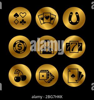 Gold und schwarz Lotterie, Roulette, Casino, Spielautomaten, Glücksspiel Vektor-Symbole der set-Illustration Stock Vektor