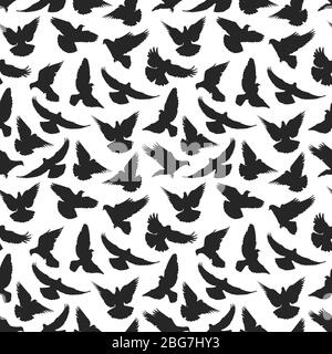 Schwarze Tauben Silhouette auf weißem nahtlosen Muster Hintergrund. Vektorgrafik Stock Vektor