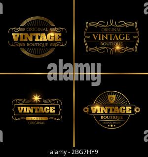 Golden Retro Etiketten Design für Vintage Mode, Dekoration, Karten. Vektorgrafik Stock Vektor