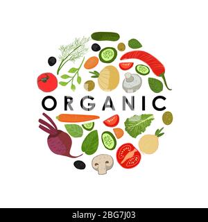 Gemüseset im Kreis mit dem Text organisch in der Mitte. Ein Satz Elemente zum Kochen. Konzept des Kaufs von gesunden Lebensmitteln und Kochen. Vektor Stock Vektor
