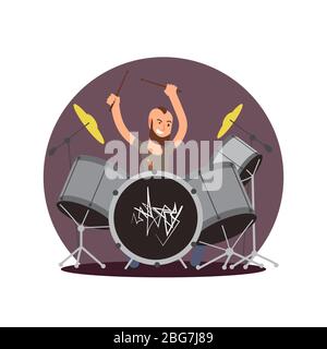 Cartoon Charakter Schlagzeuger Symbol. Flacher Vektor Musiker Konzept Illustration isoliert Stock Vektor