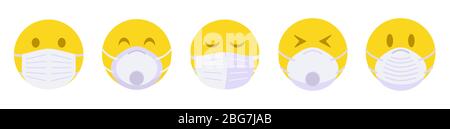Set von Gesichtsmasken, maskierte Smiley Cartoon. Stoppen Sie Coronavirus Covid 19. Gefahrenschutz oder Gesundheit Krankheit Husten. Atemschutzgeräte Allergie für Krankenhaus. Gesundheit speichern. Vektorgrafik Stock Vektor