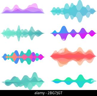 Amplituden-Farbbewegungswellen. Abstrakte elektronische Musik Ton Stimme Welle Vektor gesetzt. Farbige Abbildung des Equalizers mit Digitaleffekt Stock Vektor